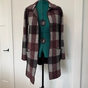 Tahari Plaid Open Front Sweater Coat Jacket Wool Blend Size M Pockets